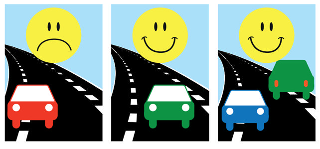 Skilte med illustrationer, der viser, hvordan man som bilist og cyklist skal køre på en 2-minus-1-vej. Som bilist skal man køre på midten af vejen og kun trække ud på kantbanen, hvis der er modkørende bilister. 