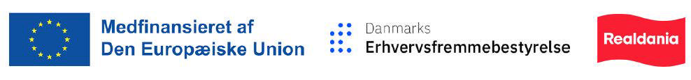 Billede med logoer af af EU's regionalfond, Erhvervsfremmebestyrelsen og Realdania