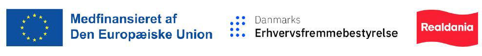 Logoer fra partnere på projektet: Den Europæiske Union, Danmarks Erhvervsfremmebestyrelse og Realdania