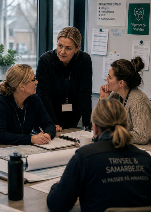Dekorativt billede af medarbejdere som er mødt ind på deres job
