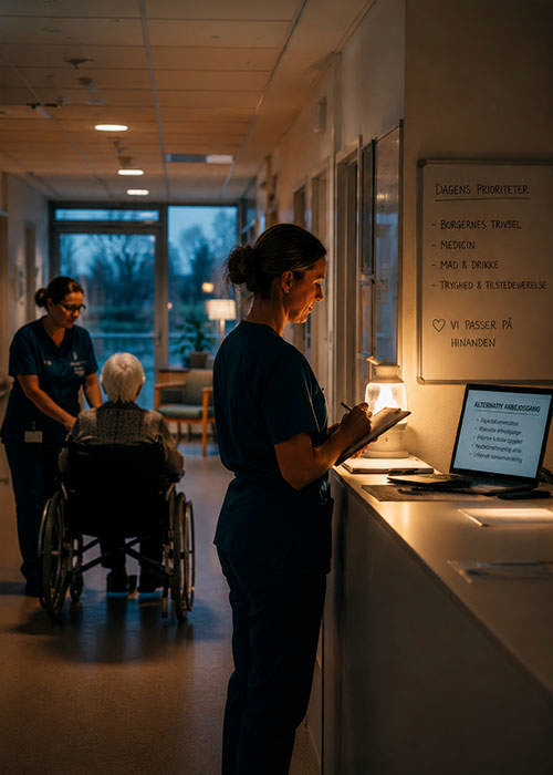 Dekorativt billede forestiller en beboer og to ansatte på et plejehjem