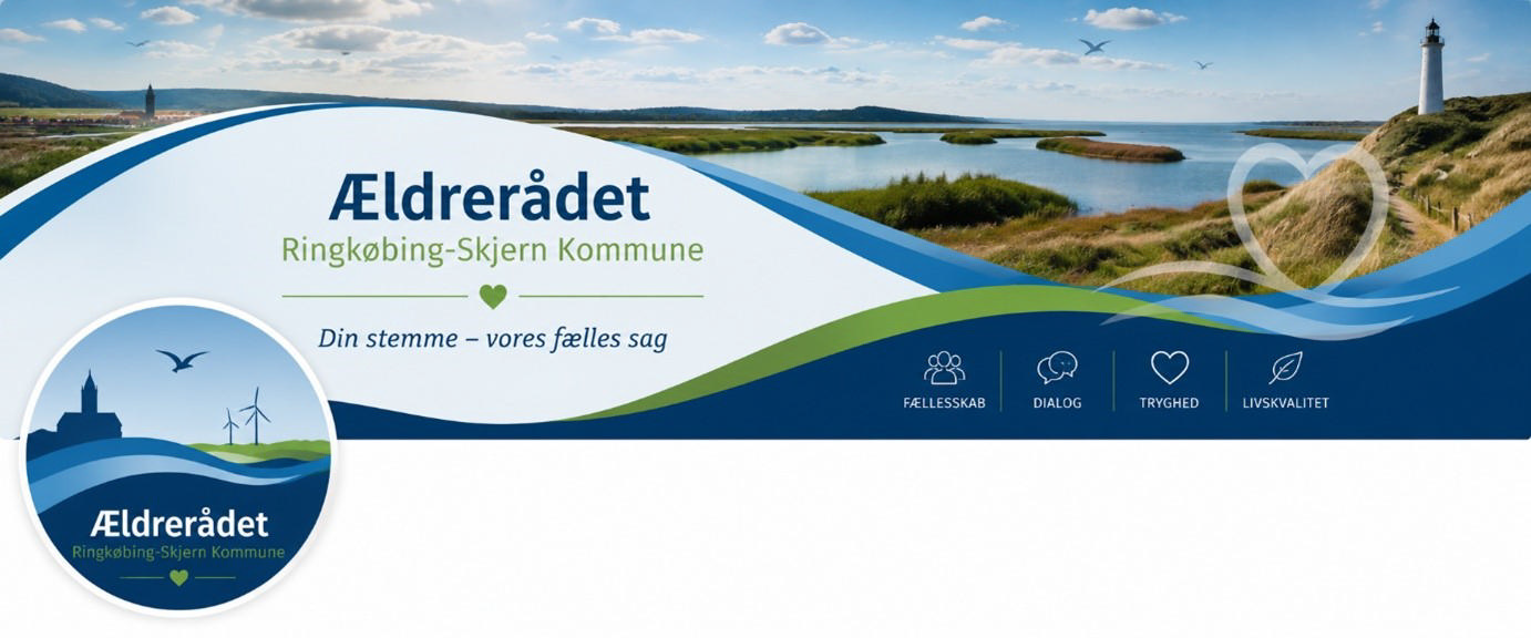 Kystlandskab med fyrtårn og Ikoner for fællesskab, dialog, tryghed og livskvalitet i Ringkøbing-Skjern Kommune.