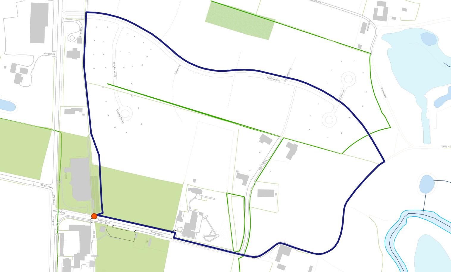 Kort over One Mile rute i Vorgod, Nørlundvej - Vorgod-Barde Skole